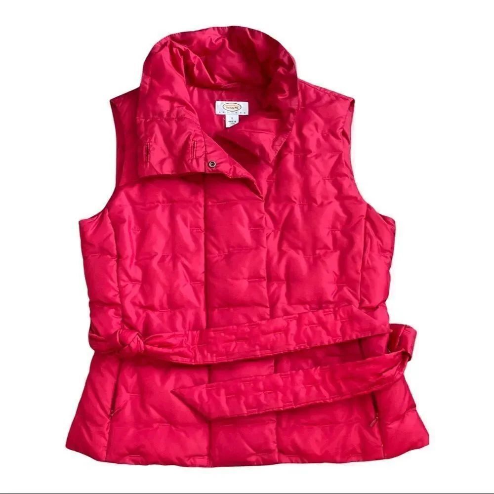 TALBOTS PETITES • Red Puffer Vest Belted Goose Down Blend • Petite Small • NWOT